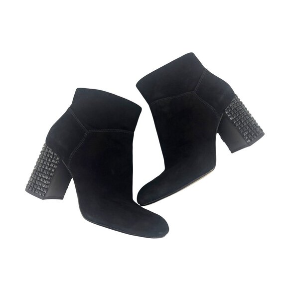 Michael Kors Black Suede Arabella Ankle Boots Zip Booties Studded Heels Size 8 - Picture 2 of 13